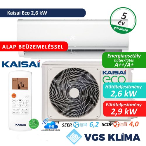 Kaisai Eco inverteres 2,6 kW split klímaszett szereléssel együtt