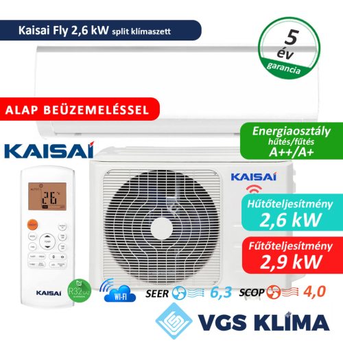 Kaisai Fly 2,6 kW inverteres split klímaszett szereléssel együtt
