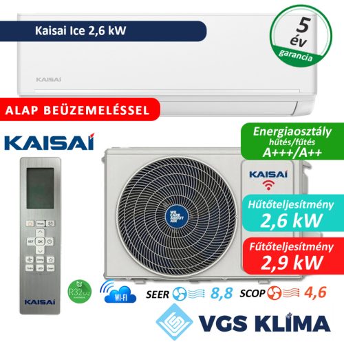 Kaisai Ice 2,6 kW inverteres split klímaszett szereléssel együtt (fehér)